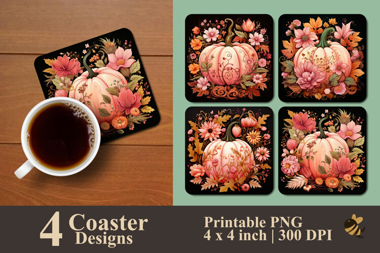 Pink Pumpkin with Floral Coaster Sublimation Design example image 1