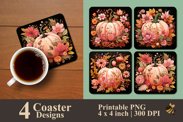 Pink Pumpkin with Floral Coaster Sublimation Design