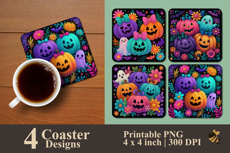 Glowing Neon Pumpkin Halloween Coaster Sublimation Design