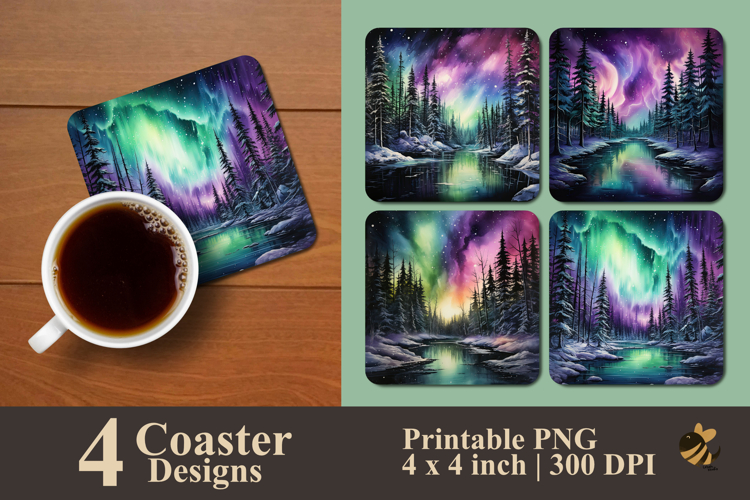 Winter Pine Forest With Aurora Coaster Sublimation Design