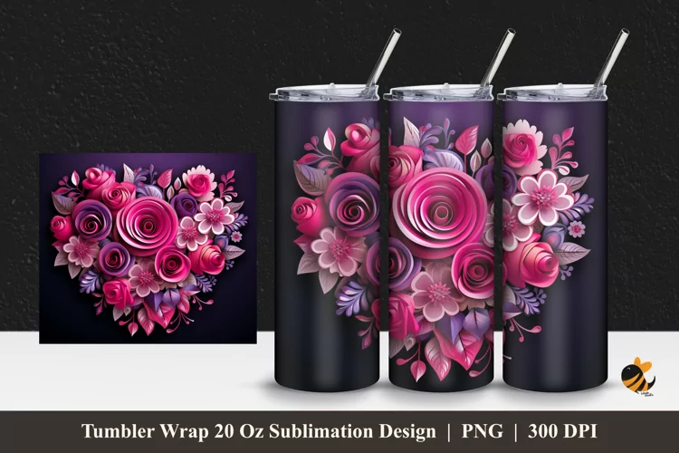 Pink Love Flower Tumbler Wrap Sublimation Design 1