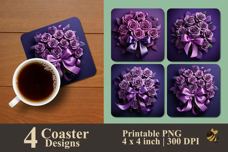 Purple Ribbon Rose Coaster Sublimation Designs