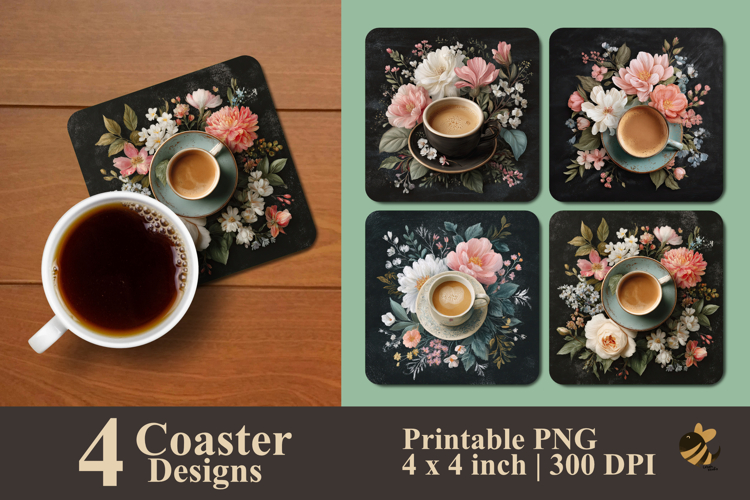 Floral Coffee Chalkboard Coaster Sublimation Design