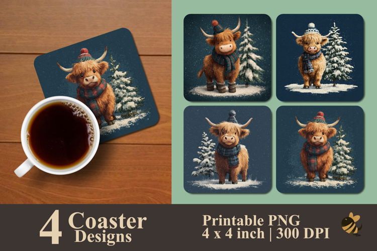 Winter Pine Tree And Cow Coaster Sublimation Design