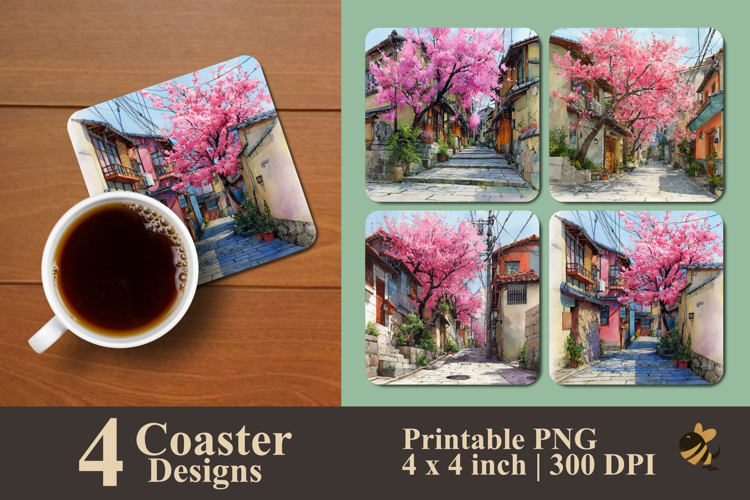 Cherry Blossom Street Coaster Sublimation Design