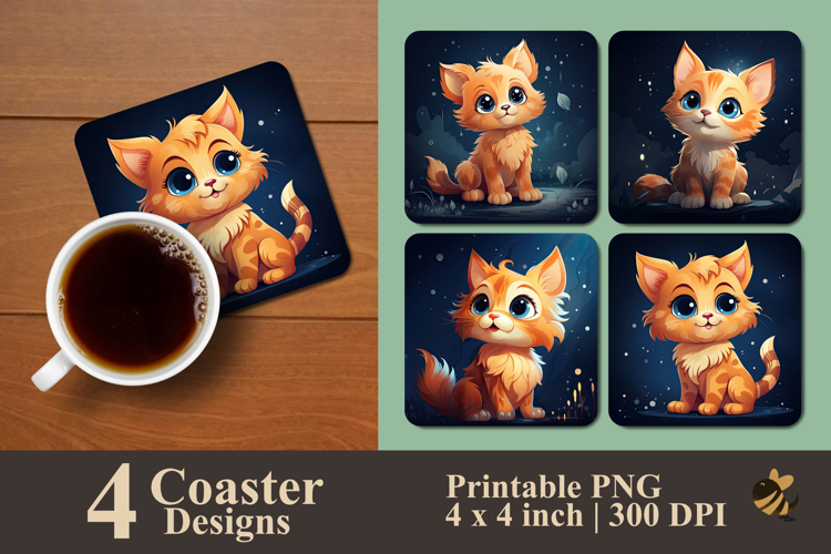 Cute Orange Cat Coaster Sublimation Design