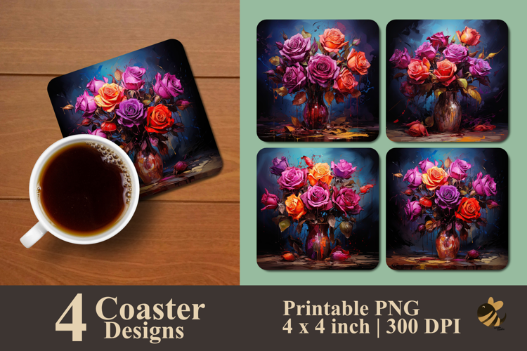Rose And Vase With Texture Coaster Sublimation Design