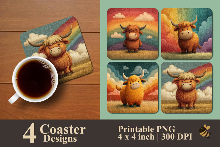 Cow With Rainbow Sky Coaster Sublimation Design example image 1