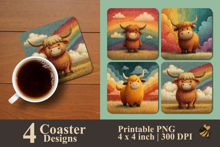 Cow With Rainbow Sky Coaster Sublimation Design