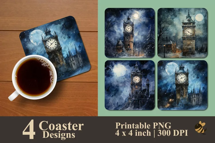 Midnight Clock Tower Coaster Sublimation Designs