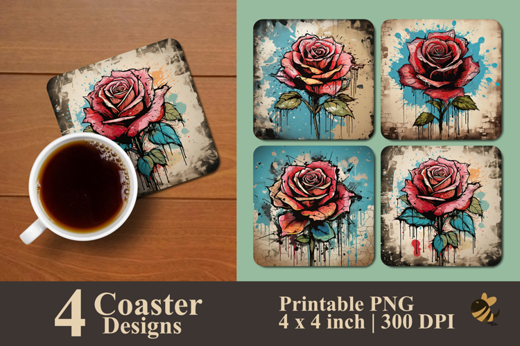 Vintage Ink Rose Coaster Sublimation Design