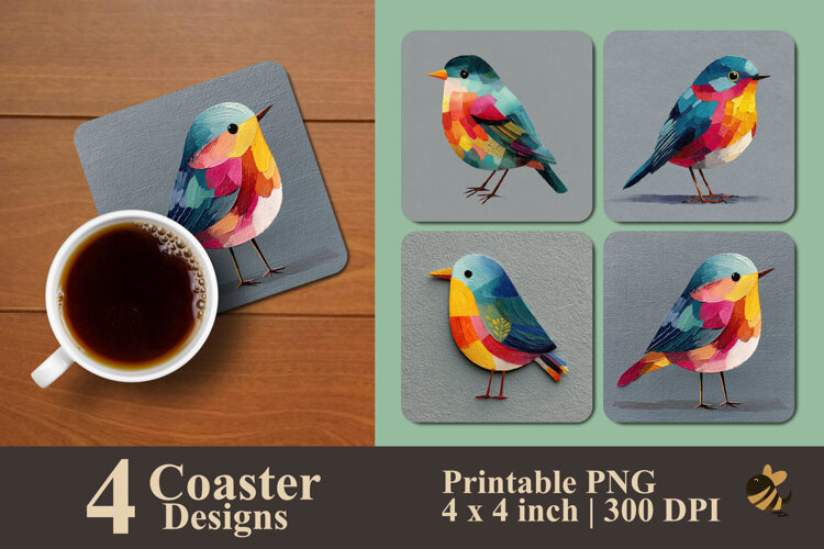 Cute Bird Painting Coaster Sublimation Design example image 1