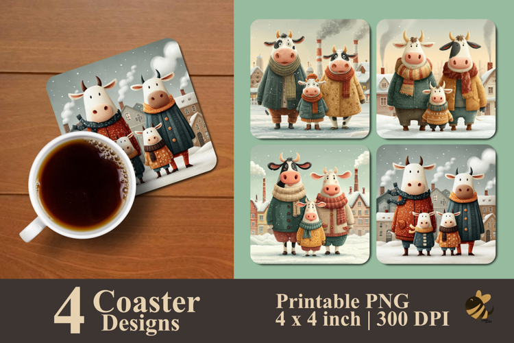 Cow Family Winter Coaster Sublimation Design