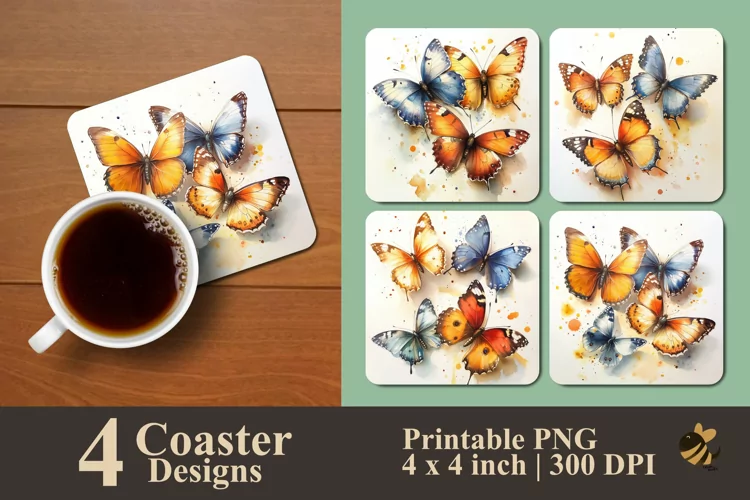 Watercolor Butterflies Coaster Sublimation Designs