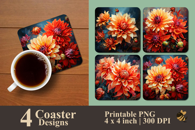 Fiery Dahlia Flower Coaster Sublimation Design