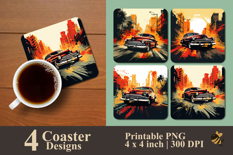 Retro Car At City Coaster Sublimation Design