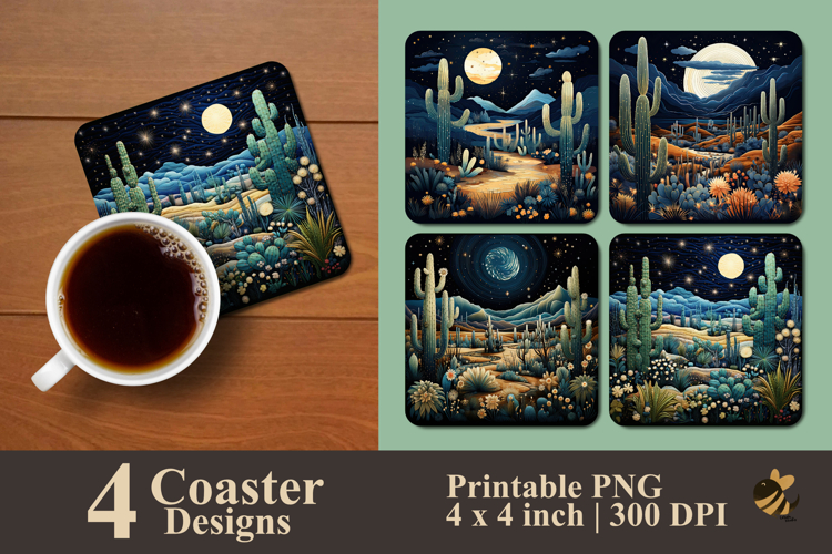 Moonlit Cactus Night Coaster Sublimation Design