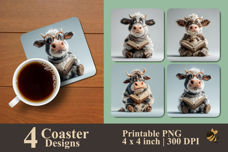 Old Cow Reading A Book Coaster Sublimation Design