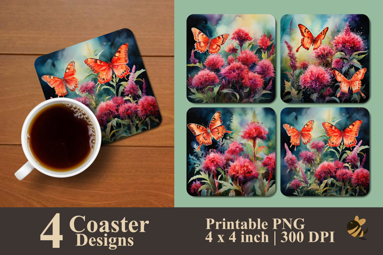 Butterfly And Celosia Flower Coaster Sublimation Design