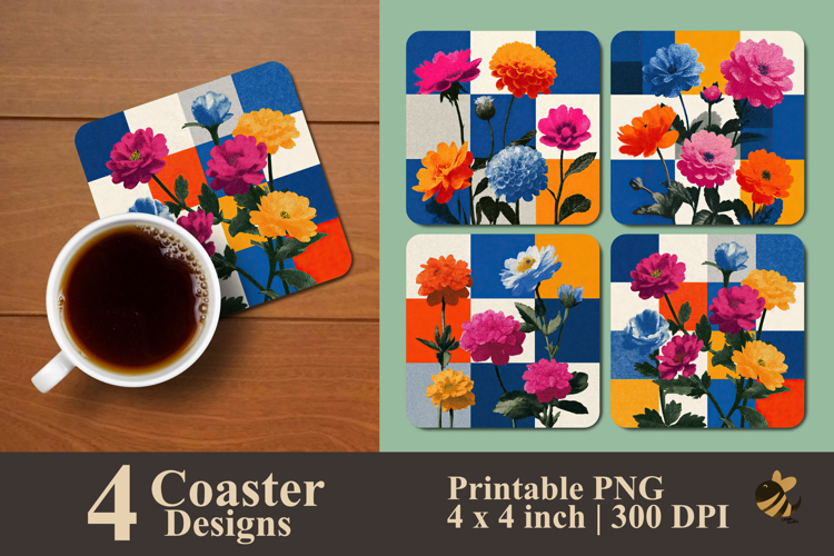 Flowers With Checkerboard Coaster Sublimation Design