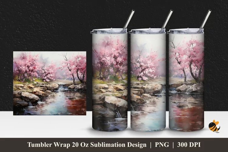 Sakura River Tumbler Wrap Sublimation Design 1