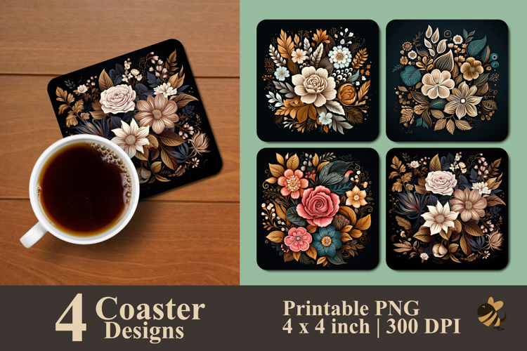 Chalked Floral Roast Coaster Sublimation Design