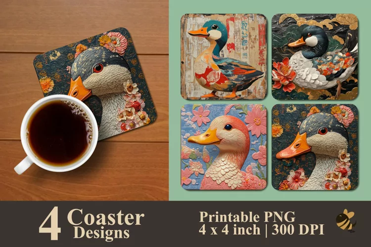 Watercolor Duck Coaster Sublimation Designs