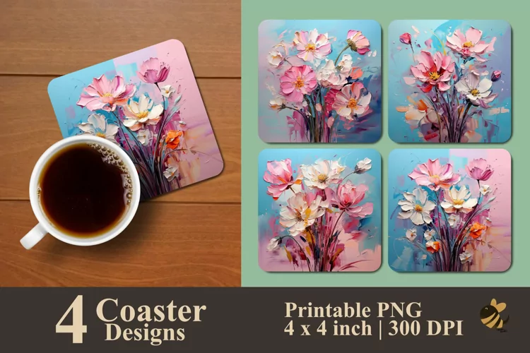 Painting Pink Flower Coaster Sublimation Designs