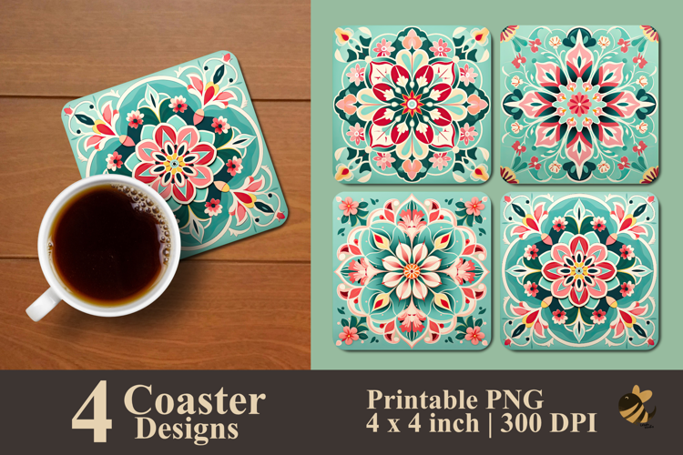 Geometric Floral Tile Coaster Sublimation Design