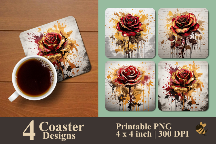 Painting Golden Maroon Rose Coaster Sublimation Design