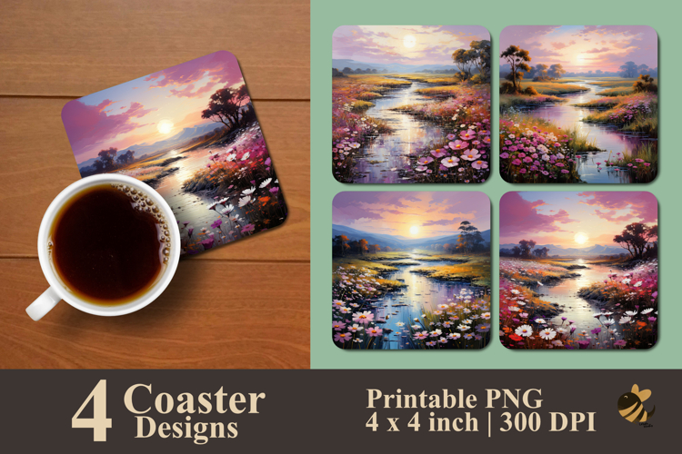 River And Flower Field Coaster Sublimation Design