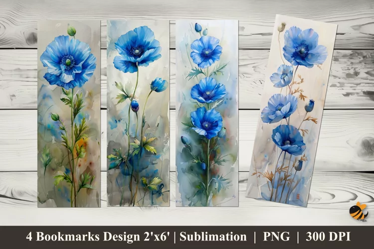 Blue Poppies Bookmarks Sublimation Design