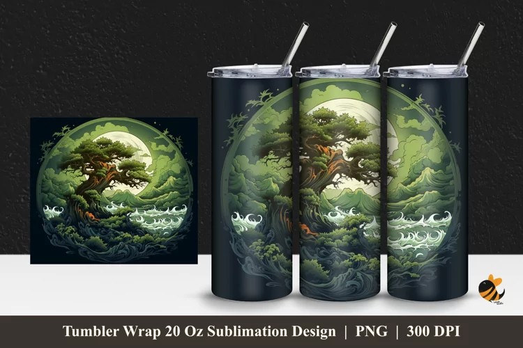 Tree And Wave Tumbler Wrap Sublimation Design 1