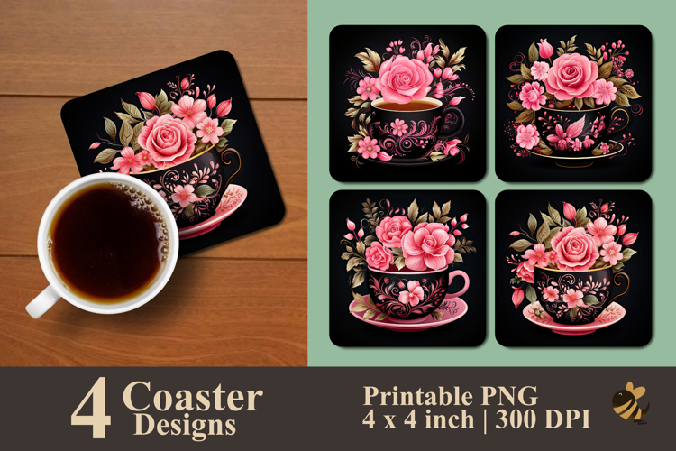 Vintage Floral With Cup Coaster Sublimation Design