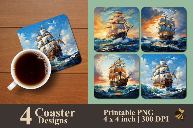 Nautical Sailing Ship Coaster Sublimation Design