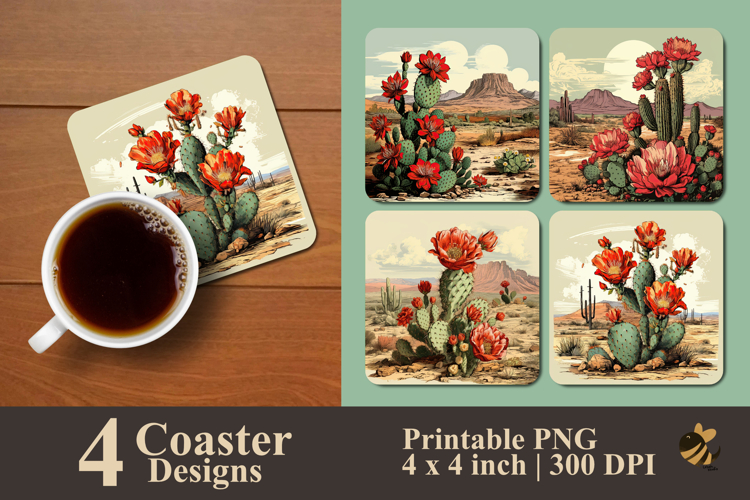 Vintage Blooming Cactus Coaster Sublimation Design