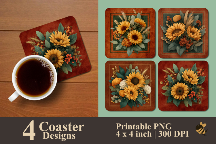 Golden Sunflower Harmony Coaster Sublimation Design