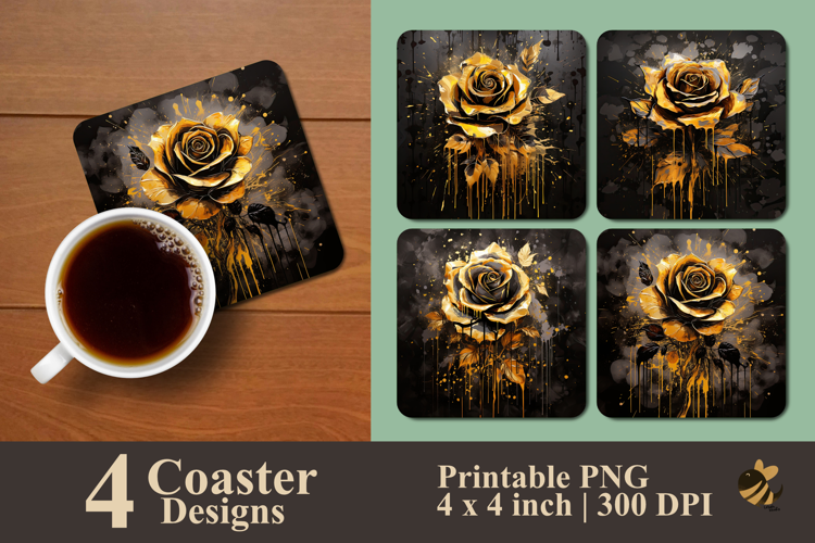 Golden Black Rose Coaster Sublimation Design
