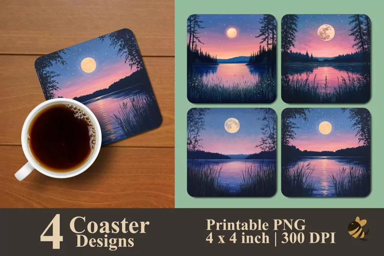 Beauty Lake At Night Coaster Sublimation Designs