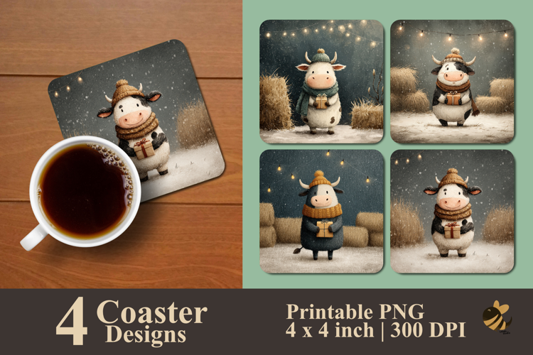 Winter Gift Cow Coaster Sublimation Design