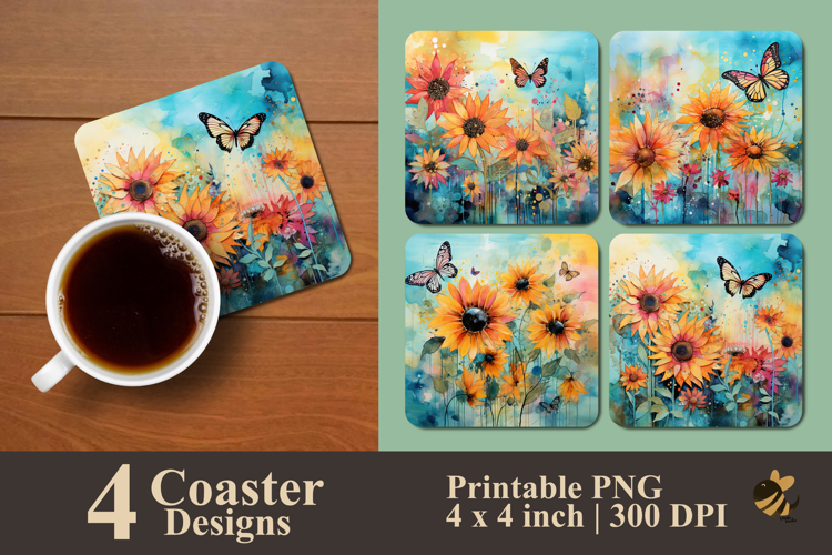 Sunflower Whimsy Garden Coaster Sublimation Design