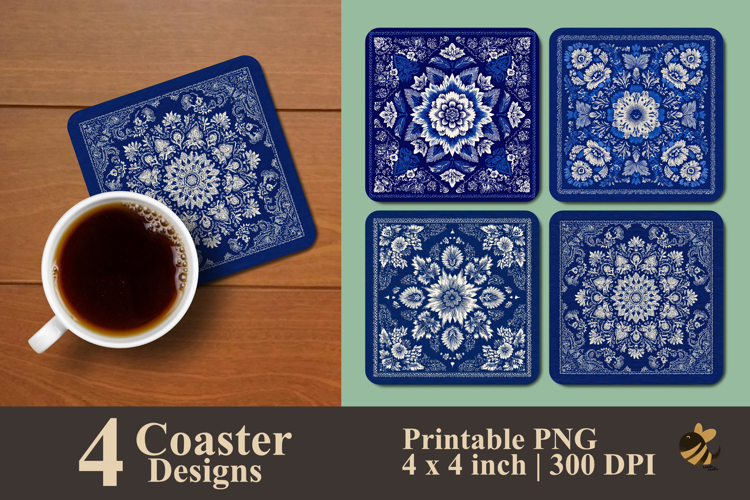 Blue Floral Art Coaster Sublimation Design