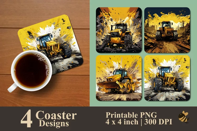 Bulldozer Illustration Coaster Sublimation Designs