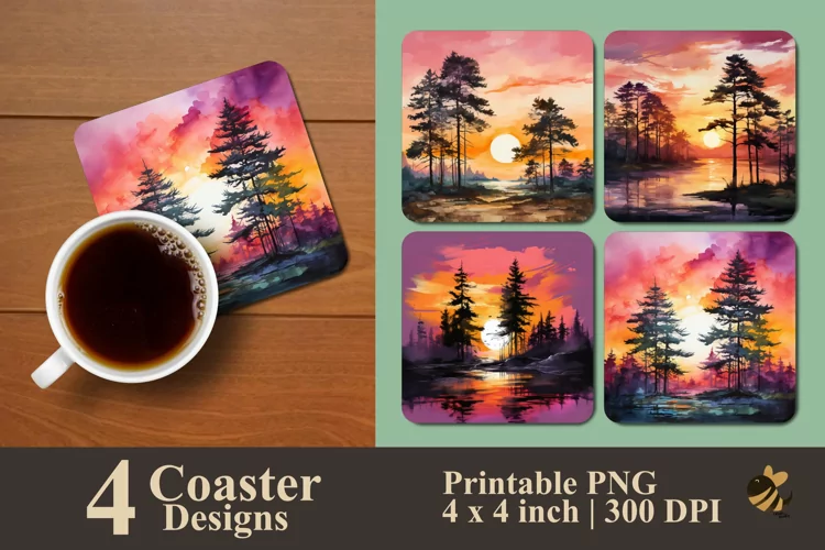 Painting Sunset Pine Tree Coaster Sublimation Designs