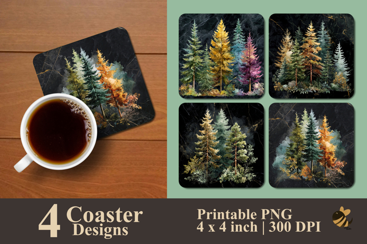 Black Marble Pine Tree Coaster Sublimation Design