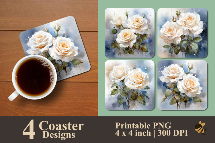 Royal White Roses Coaster Sublimation Design