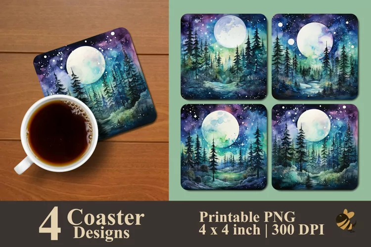 Watercolor Moon And Forest Coaster Sublimation Designs