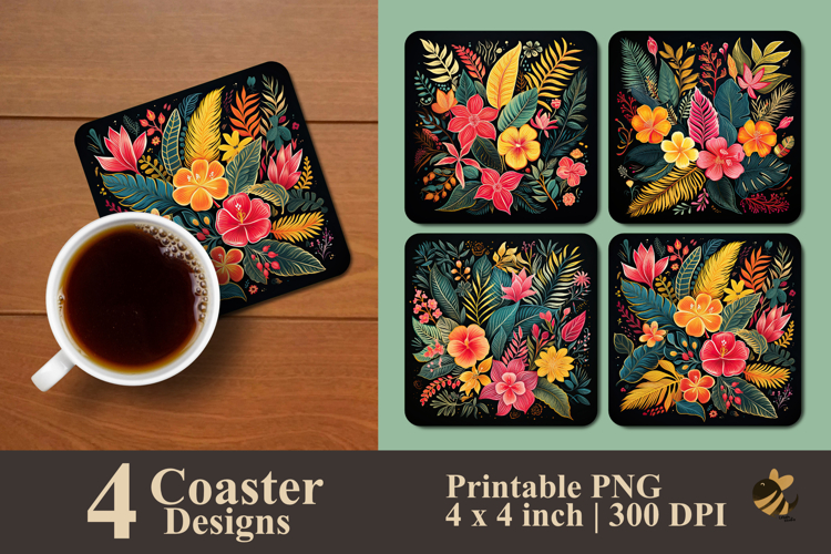 Tropical Floral And Leaf Coaster Sublimation Design