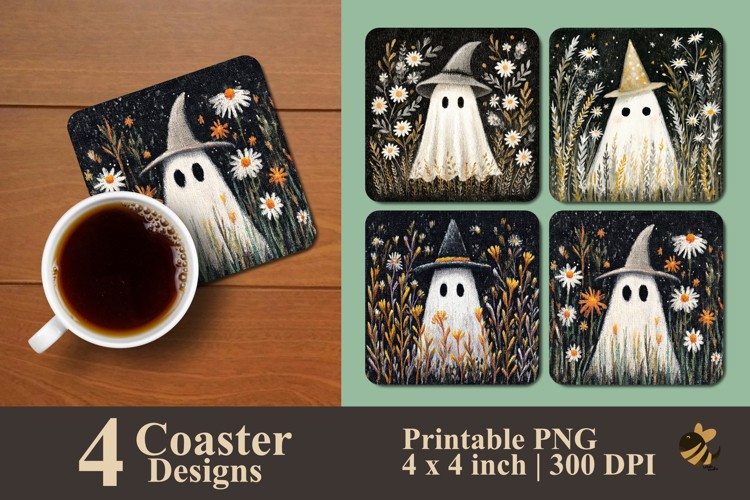 Ghost Wearing Witch Hat Coaster Sublimation Design