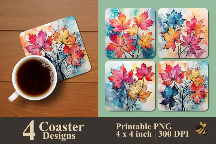 Watercolor Maple Leaf Coaster Sublimation Designs